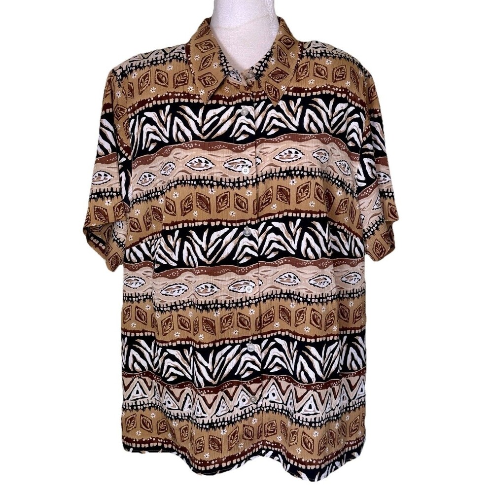Alfred Dunner Women's Tribal Safari Print Button Up Shirt Neutral Earth Tone 20W